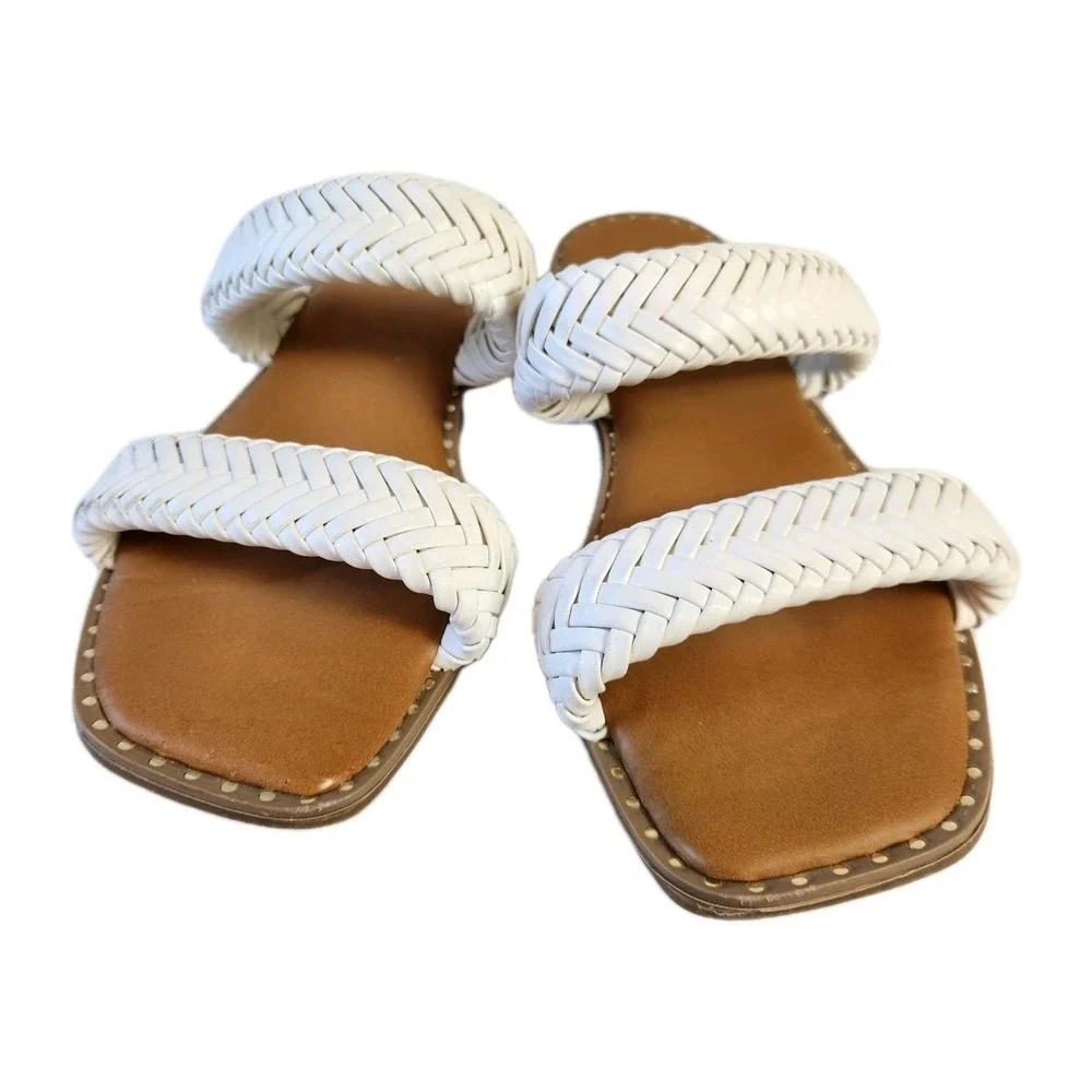 Nicole Miller Oby Double Braided Flat Sandals Womens Size 8.5 White Dress Slides